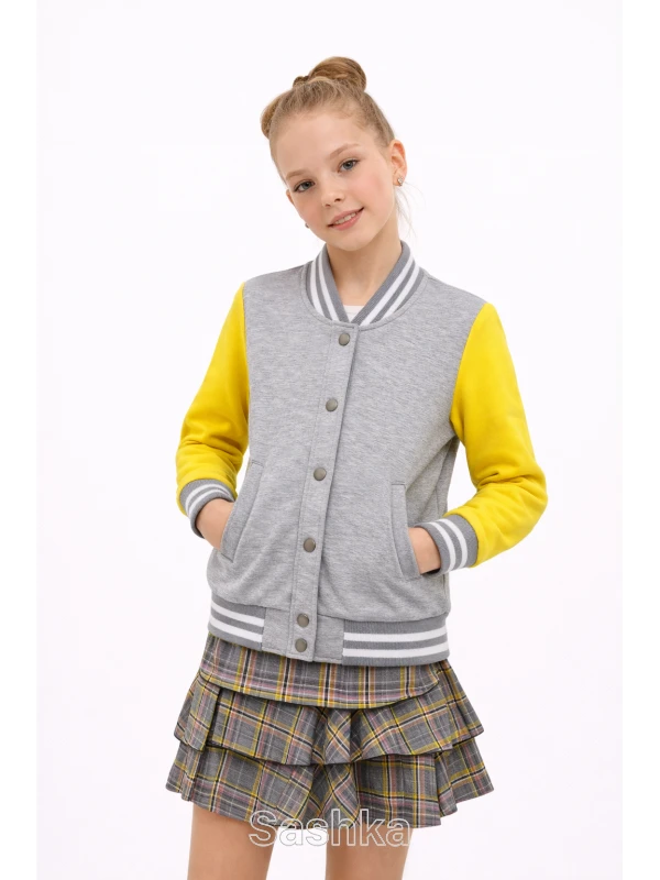 Бомбер для дівчинки Sashka трикотажний (двунитка) сіро-жовтий, розмір 98-182